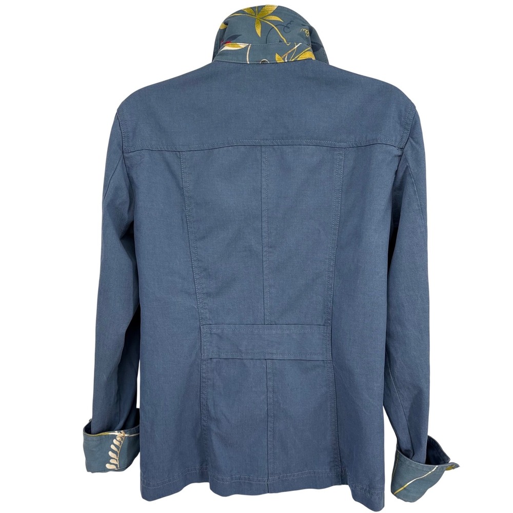 Amber Sun Jacket Women M Blue Tencel Cotton Floral Trim Snap Front Chore Utility - Picture 3 of 11
